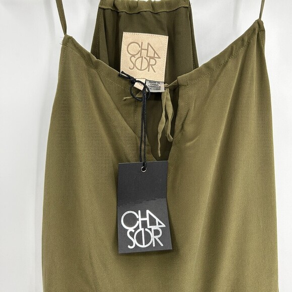 NWT CHASER Olive Green Silk Crepe Strappy Surplus Military Mini Dress Medium - Picture 5 of 5